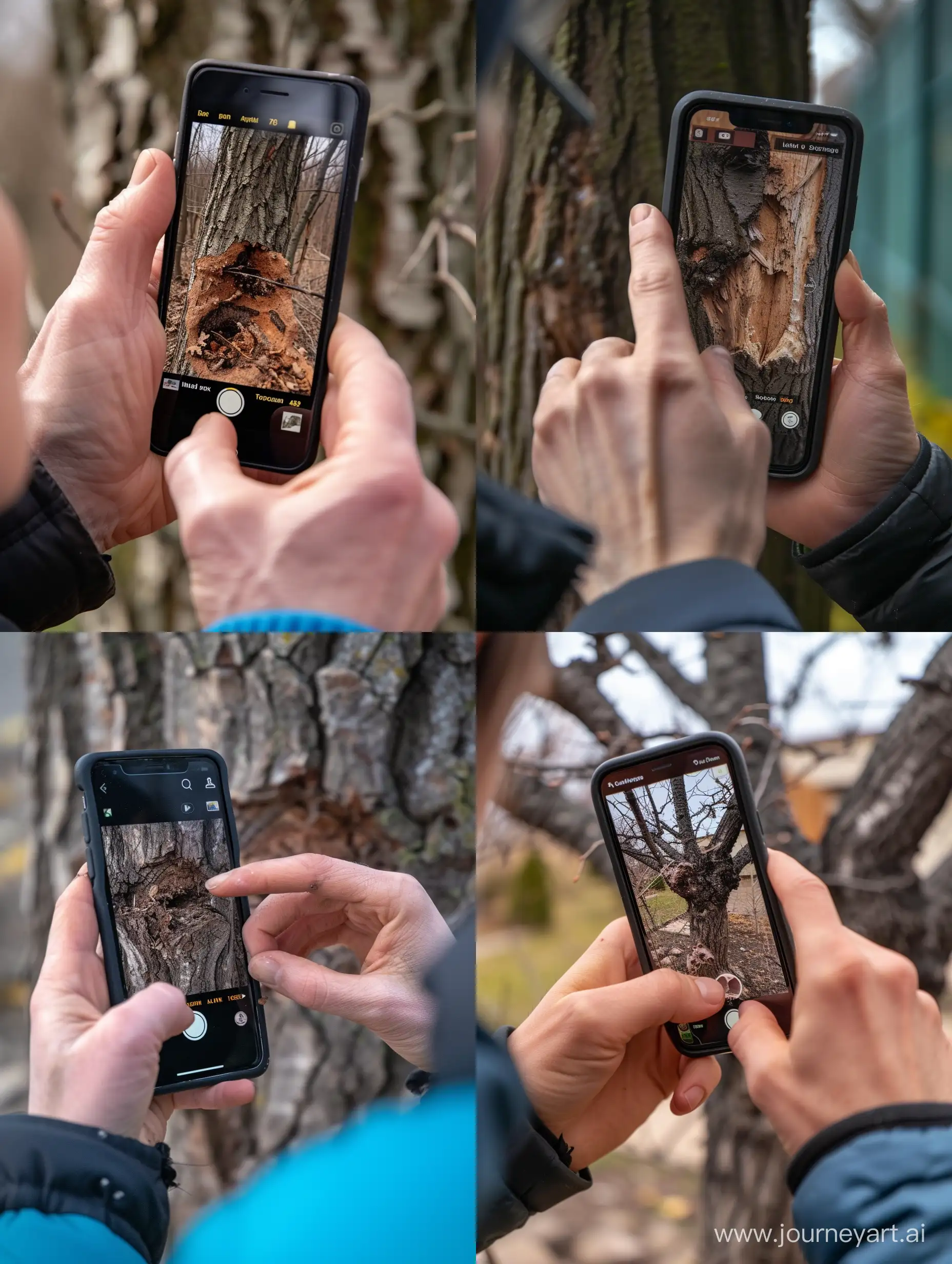 человек фотографирует на телефон плохое состояние дерева