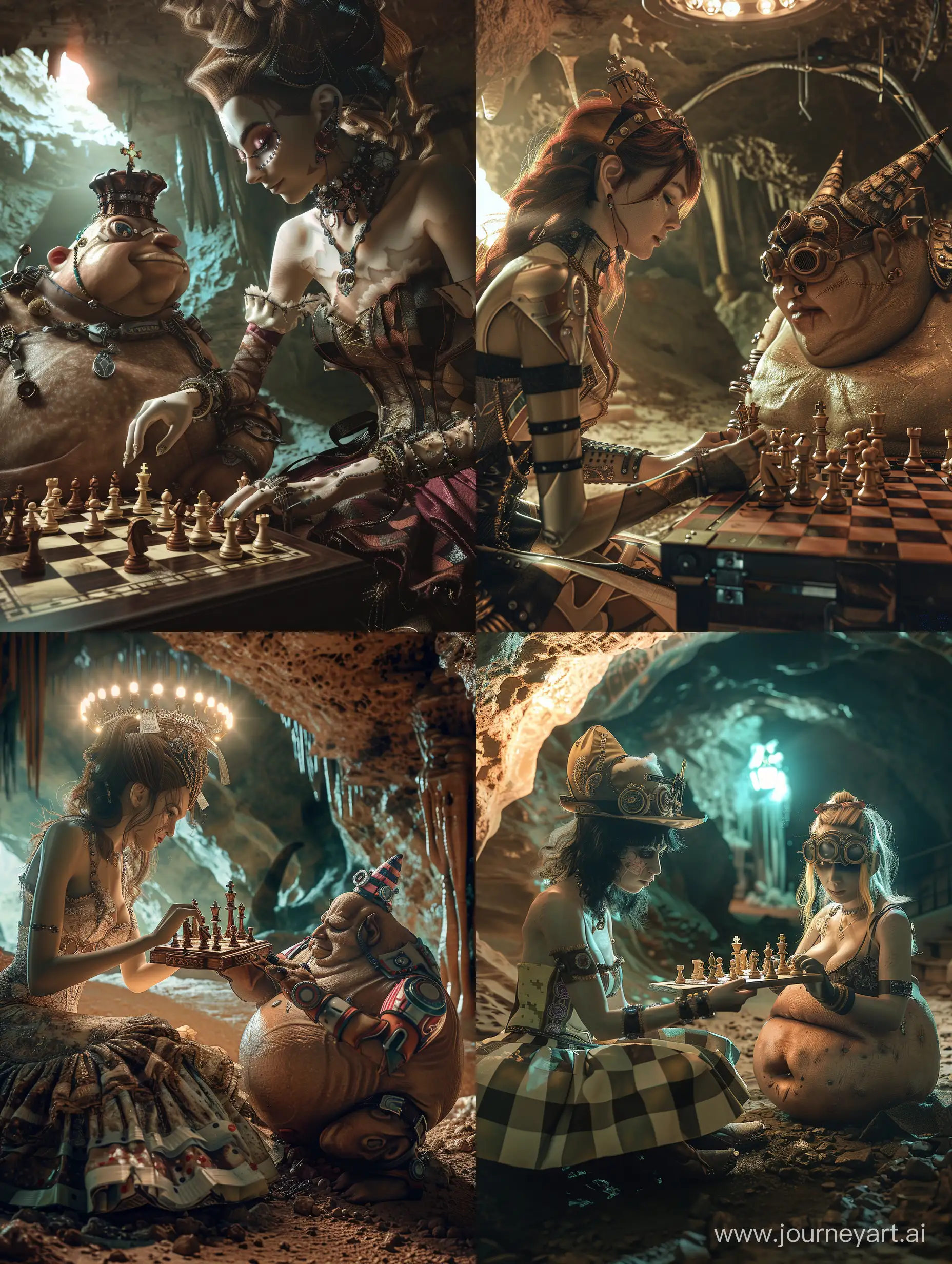 World of steampunk and magic,realistic UHD photography shot:lifelike detail image with portrait quality face a spanish female (male) [cabare dancer],35 y.o.,plays chess with fat funny humanoid creature,dynamic pose. Background:summer,inside dark cave, magical glow,high detail,voluminous light, hyperrealistic, photorealistic,Vray style, [colorful sepia],deep focus