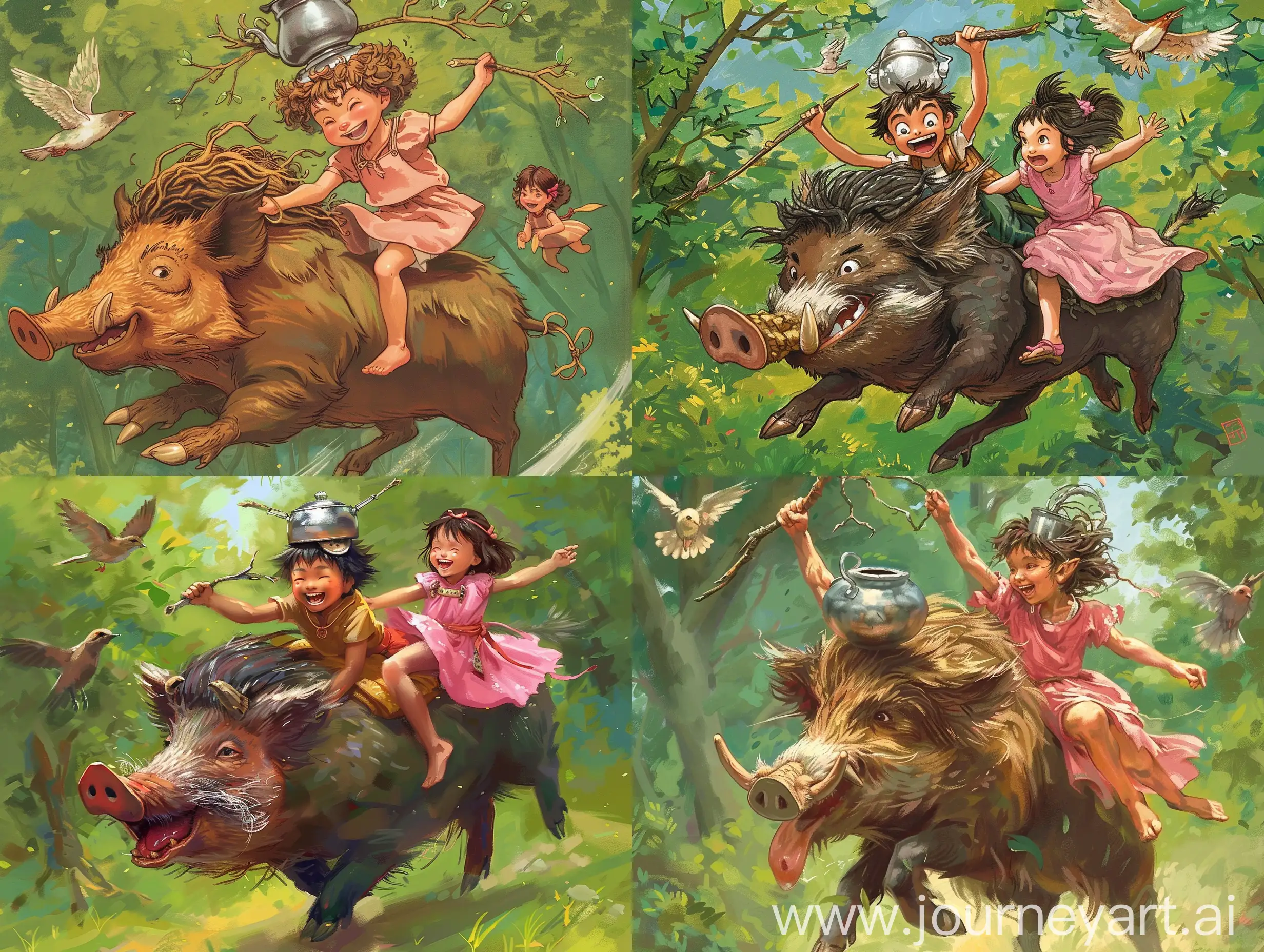 A ten-year-old wild boy and a little girl of four are riding on a running wild boar. The boy is wearing a silver pot on his head and holding a branch with a happy expression. The girl is wearing a pink dress and has tense hands. Catching the hair of the wild boar, smiling from ear to ear, the background is a green forest, two birds are flying with them, Studio Ghibli Film by Hayao Miyazaki, Highly detailed illustration