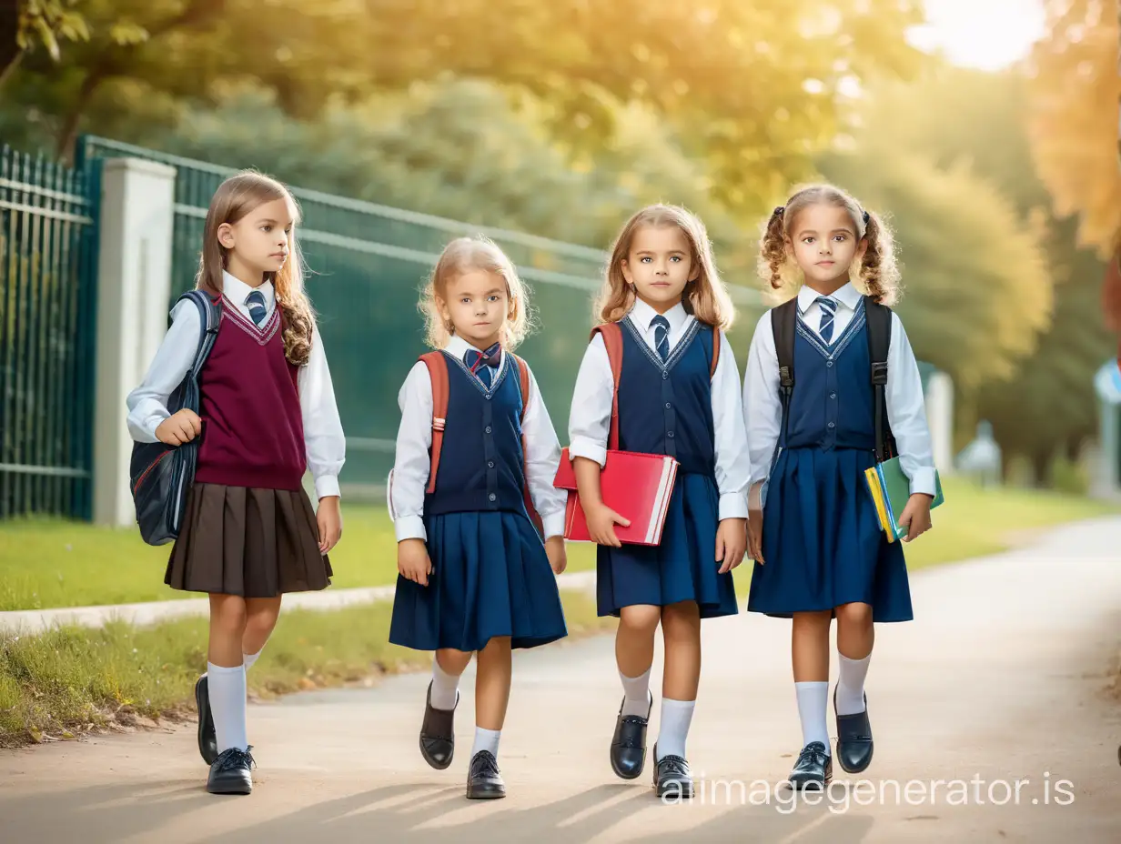 Beautiful children wearing elegant clothes going to school

