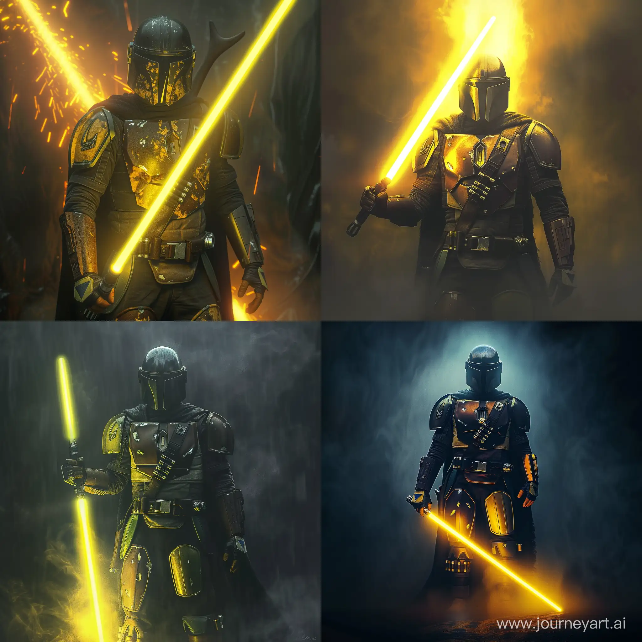 A Mandalorian stands, holding a yellow lightsaber, darkness and light behind him