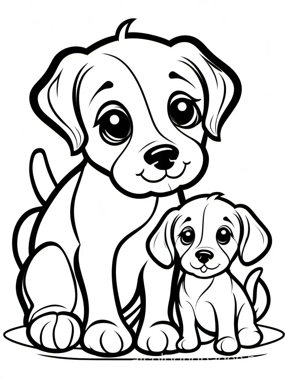 cute Puppy with his baby for kids , Coloring Page, black and white, line art, white background, Simplicity, Ample White Space. The background of the coloring page is plain white to make it easy for young children to color within the lines. The outlines of all the subjects are easy to distinguish, making it simple for kids to color without too much difficulty