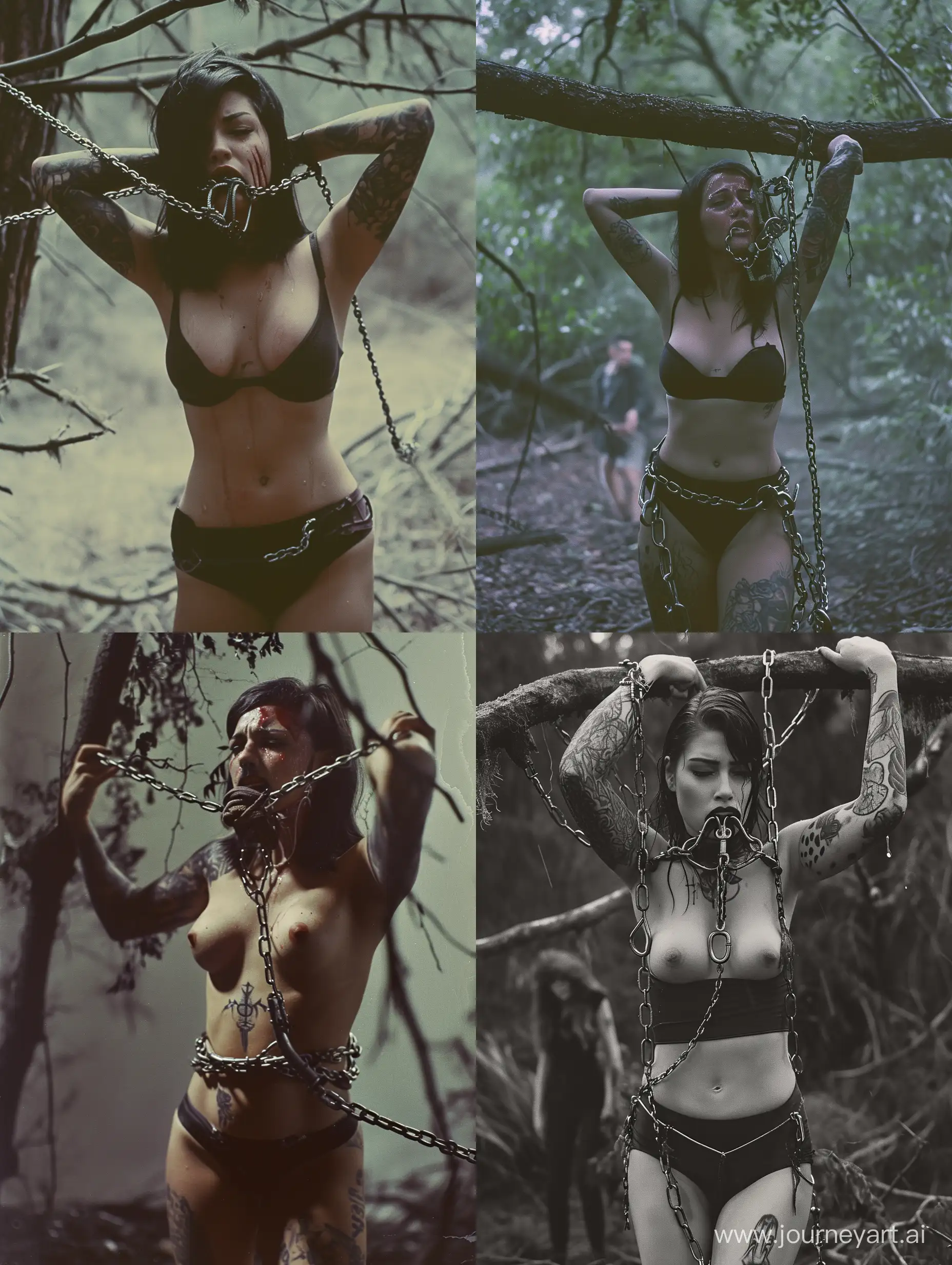 An ominous, very unsettling image of a woman with a chained harness in her mouth, arms bound above her head chained to a tree branch in a minimalistic forest, proportionate body, ominous tattoos, bound with chains, viewer walks up and discovers the scene, tear stained face, dark aesthetic, photo taken with provia