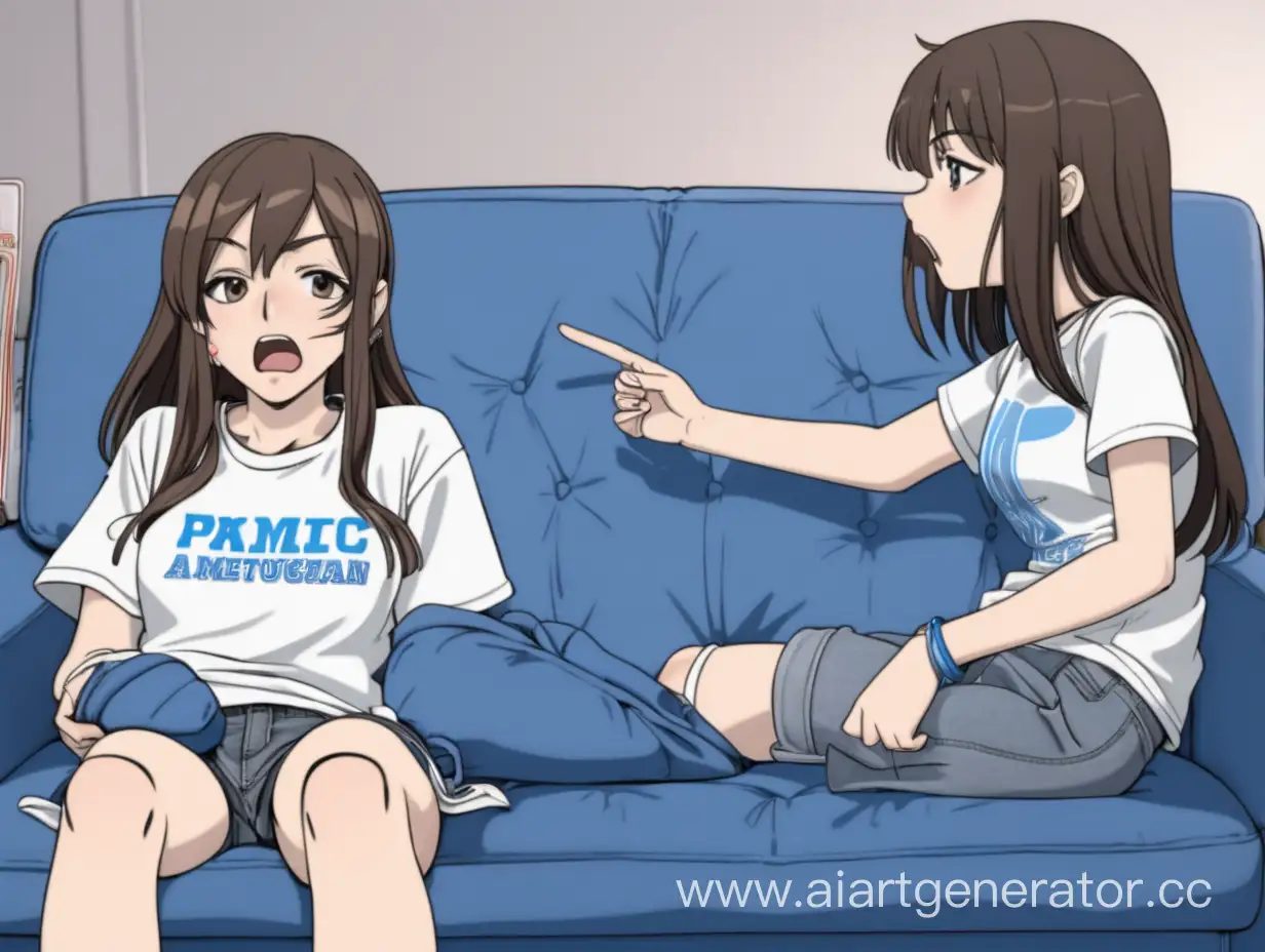 На синем диване  девушка брюнетка с волосами до плеч в  футболке обиделась аниме