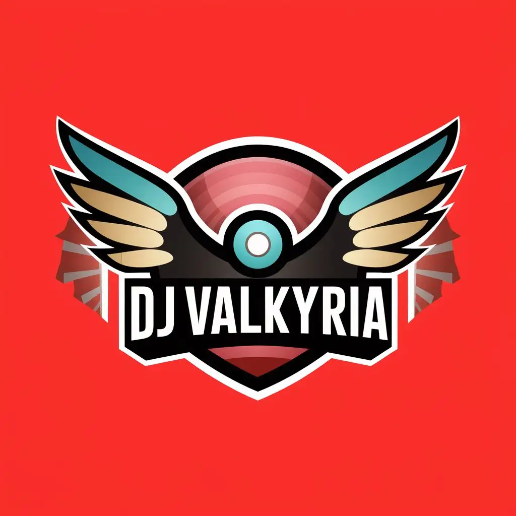 logo, big bird wings, pokemon, feathers, with the text "DJVALKYRIA", typography, be used in Events industry,  blue background