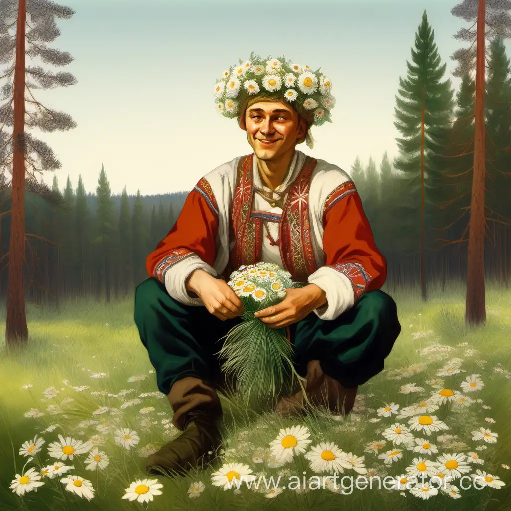 Russian-Peasant-in-Traditional-Dress-Amidst-Pine-Forest-and-Meadow
