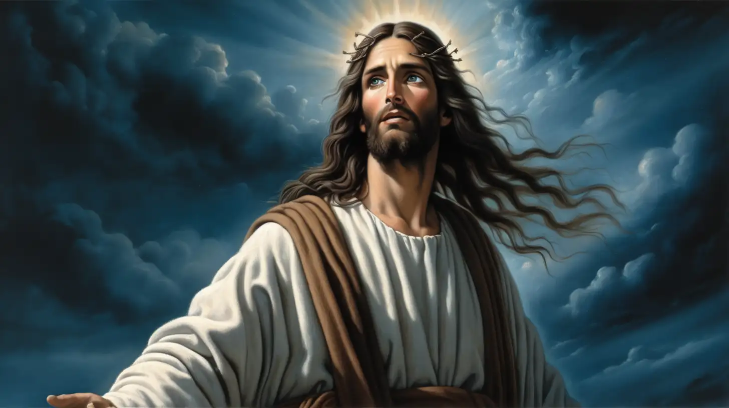 Jesus waling in a way, old ancient biblical history, dark blue cloud background, long hair, divine face, 