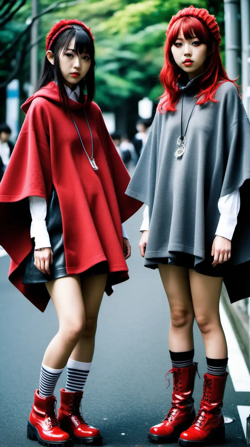 real photos of Japanese teenagers showing their  street fashions in Harajuku, poncho, mini-skirt, thighs, extravagant high shoes, grey and red tones, , in the style of Shoichi Aoki photos for “Fruits” magazine