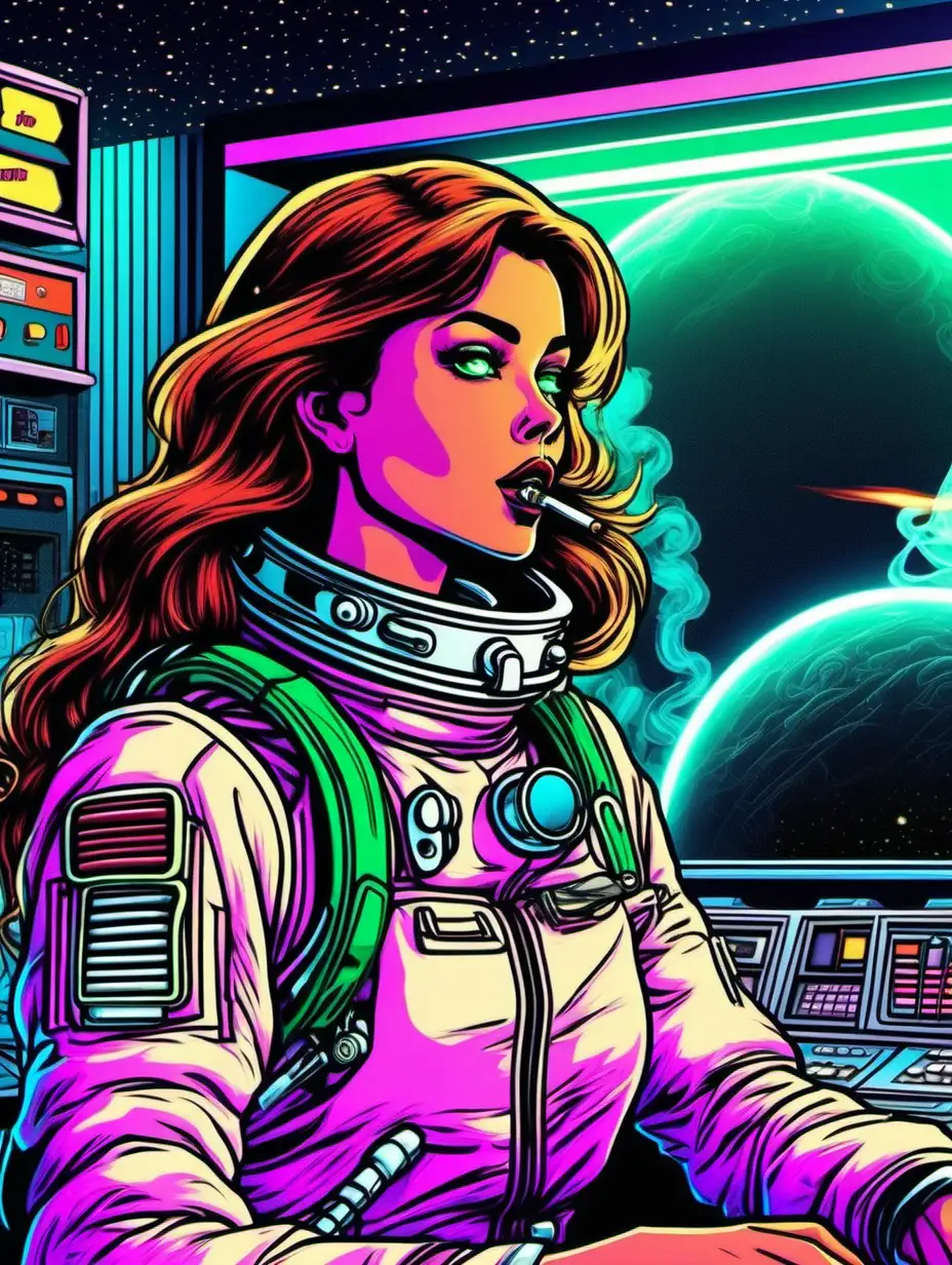 Ultra high resolution 8K.  Hanna-Barbera style sleek and sexy young female astronaut with long brown hair and green eyes smoking a cigarette.  Vaporwave neon future bar counter setting.  She is seduced by the smoke she blows out of her mouth.