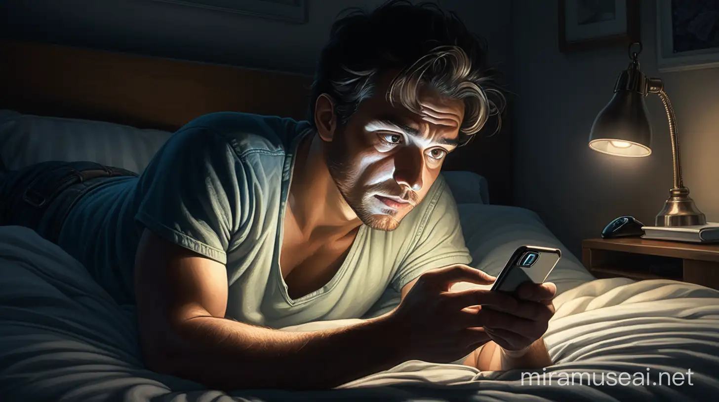 Un homme est allongé sur son lit, la nuit tombée. Il tient son téléphone portable entre ses mains, et la lumière de l'écran illumine son visage. On peut voir son expression concentrée ou absorbée par ce qu'il regarde sur son téléphone. La pièce est plongée dans l'obscurité, avec juste assez de lumière provenant du portable pour éclairer le visage de l'homme. L'image capture cet instant intime où il est captivé par son téléphone, créant ainsi une atmosphère nocturne et immersive.