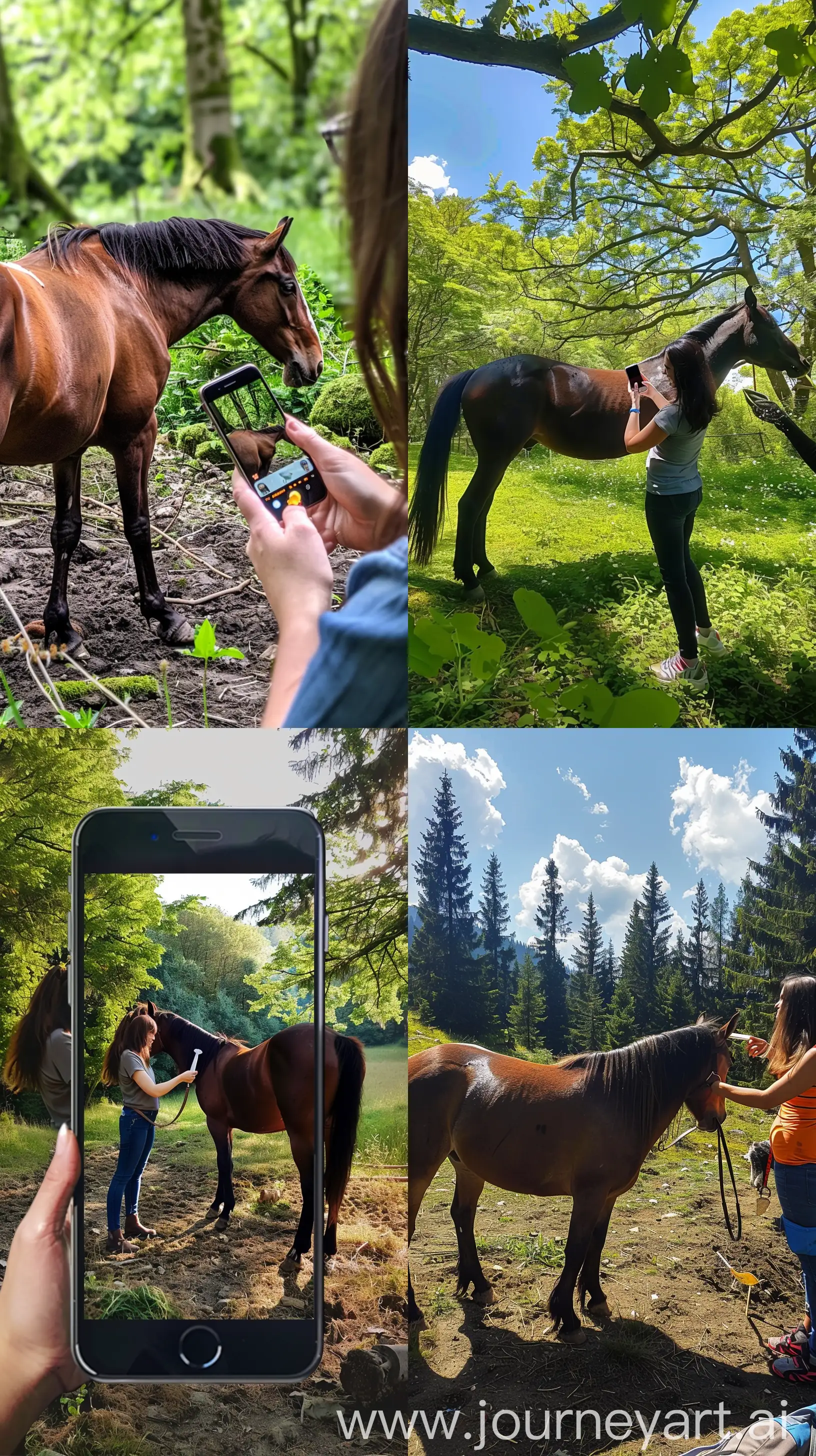 phone photo of a women feeding horse on a glade, posted on snapchat --style raw --s 0 --ar 9:16