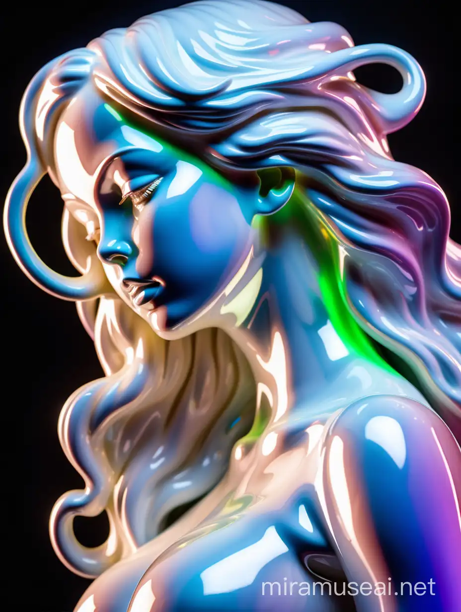 Iridescent Neon Porcelain Feminine Figure with Strong Expression on Black Background