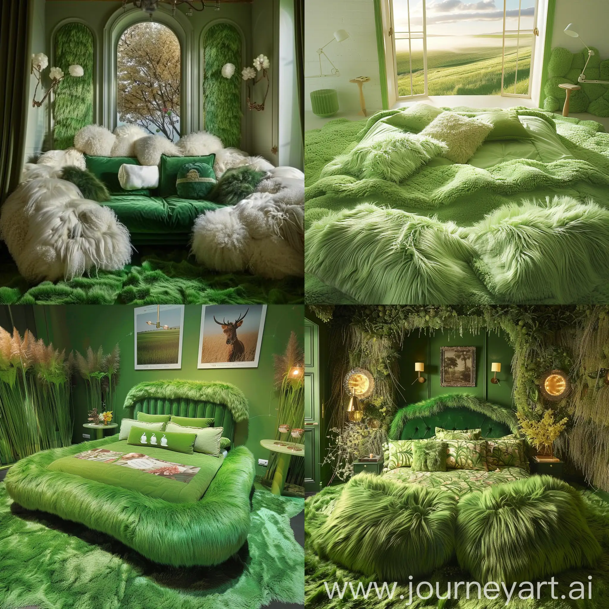 The bedroom with very fluffy throw pillows in green grass style and the wonderful green bed in the middle is iconic,