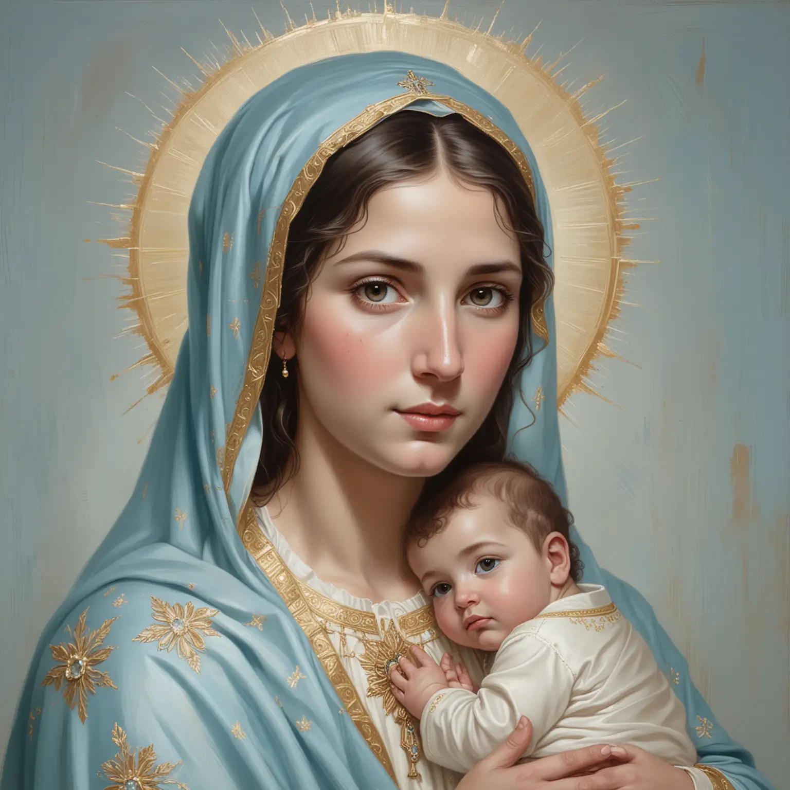 A PAINTING OF A YOUNG VIRGIN MARY, DRESSED IN LIGHT BLUE WITH GOLD EMBELLISHED ACCENTS, HOLDING A BABY JESUS, BOTH SUBJECTS WITH DARK HAIR AND BROWN EYES, LOOKING STRAIGHT AT THE VIEWER