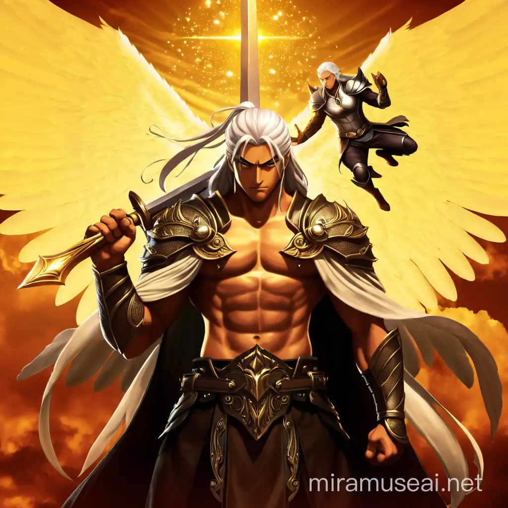a male latin warrior  is a guardian angel which protects from the back  mirajane strauss with her wings