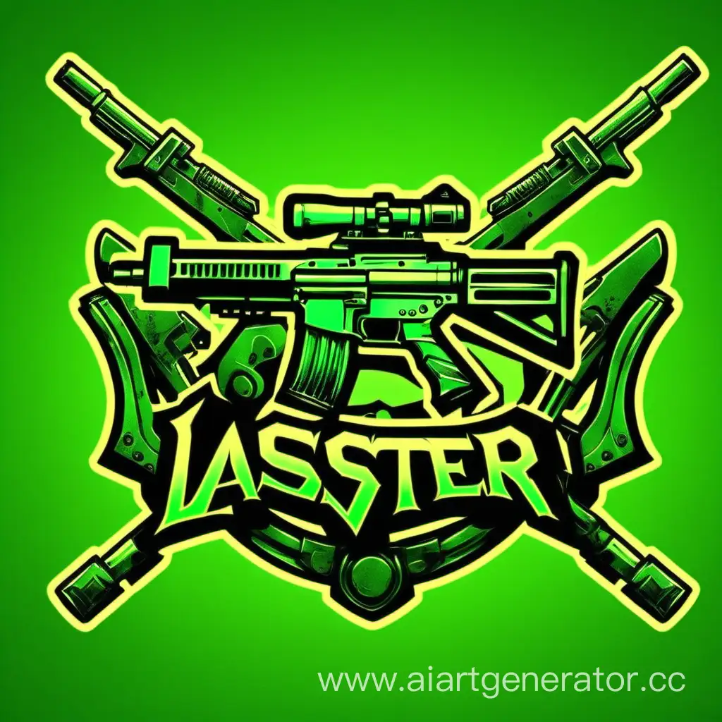 Логотип laster зеленого цвета на фоне оружия
