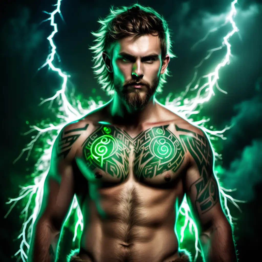 Young adult druid shirtless, hairy chest,  short beard, with runic glowing green tattoos and harnessing lightning
