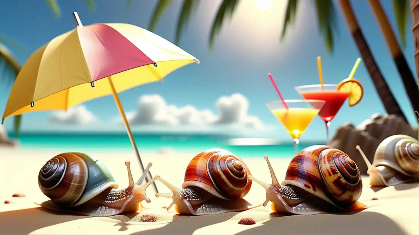 Vibrant Snails Enjoying Tropical Paradise with Refreshments and Sun Protection