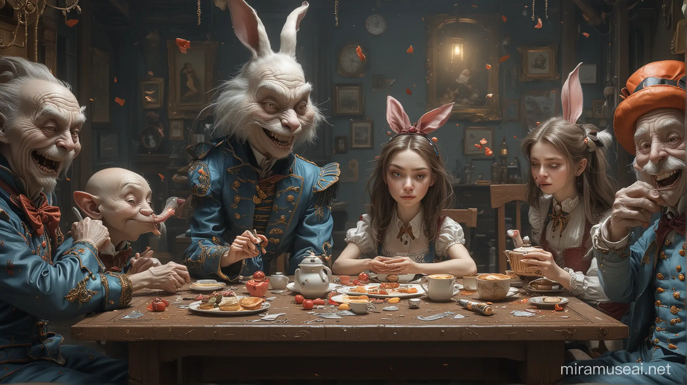 painting of people sitting at a table, magical dream realism bizarre art, surreal tea party, heather theurer, michael cheval (unreal engine, todd schorr highly detailed, todd schorr, jean-sebastien rossbach, dramatic artwork, highly detailed surrealist art, neo rococo expressionist, concept by stanley krubick dr strangelovenstyle and sargey kolesov and ruan jia and heng z, sci fi, graffiti, hyper detailed, octane render, eyes closed, hyper realism, highly detailed, marc ryden, surrealistic, bizarre, weird faces, alice in wonderland concept, 