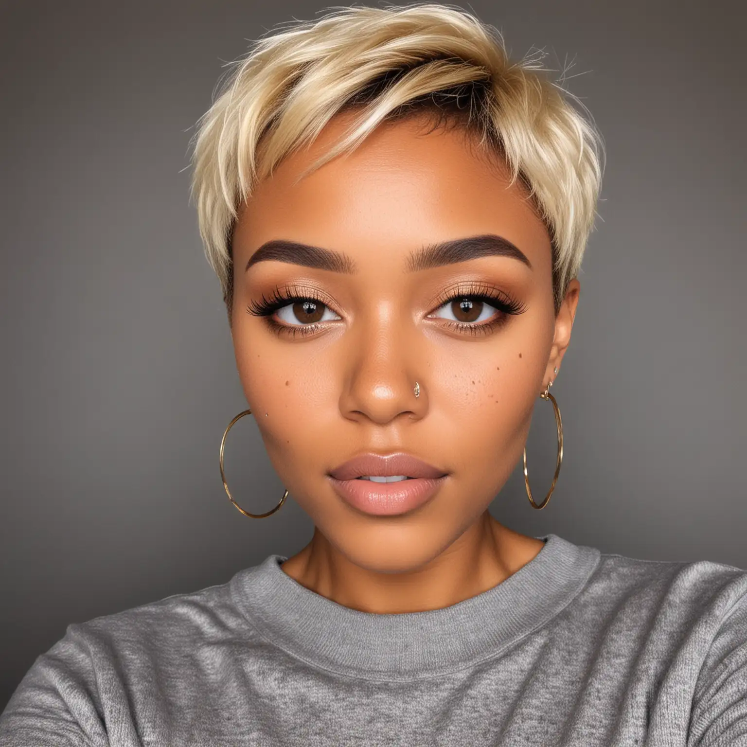 create image of light skin black lady with gray eyes, honey blonde hair in pixie cut, freckles



