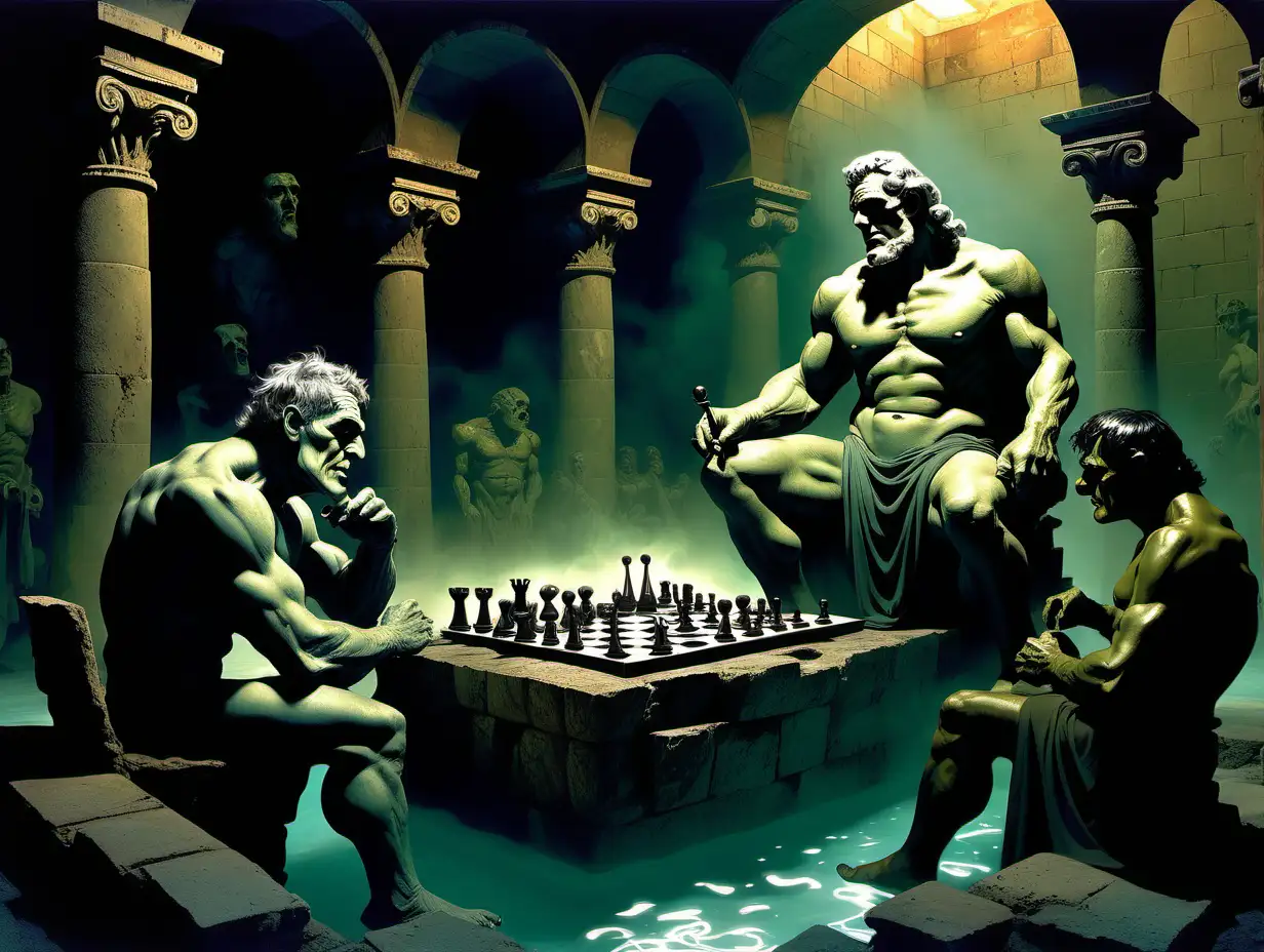 Zeus playing chess against Frankenstein in an  ancient Rome bath house at night in style of surrealism by frank frazetta
