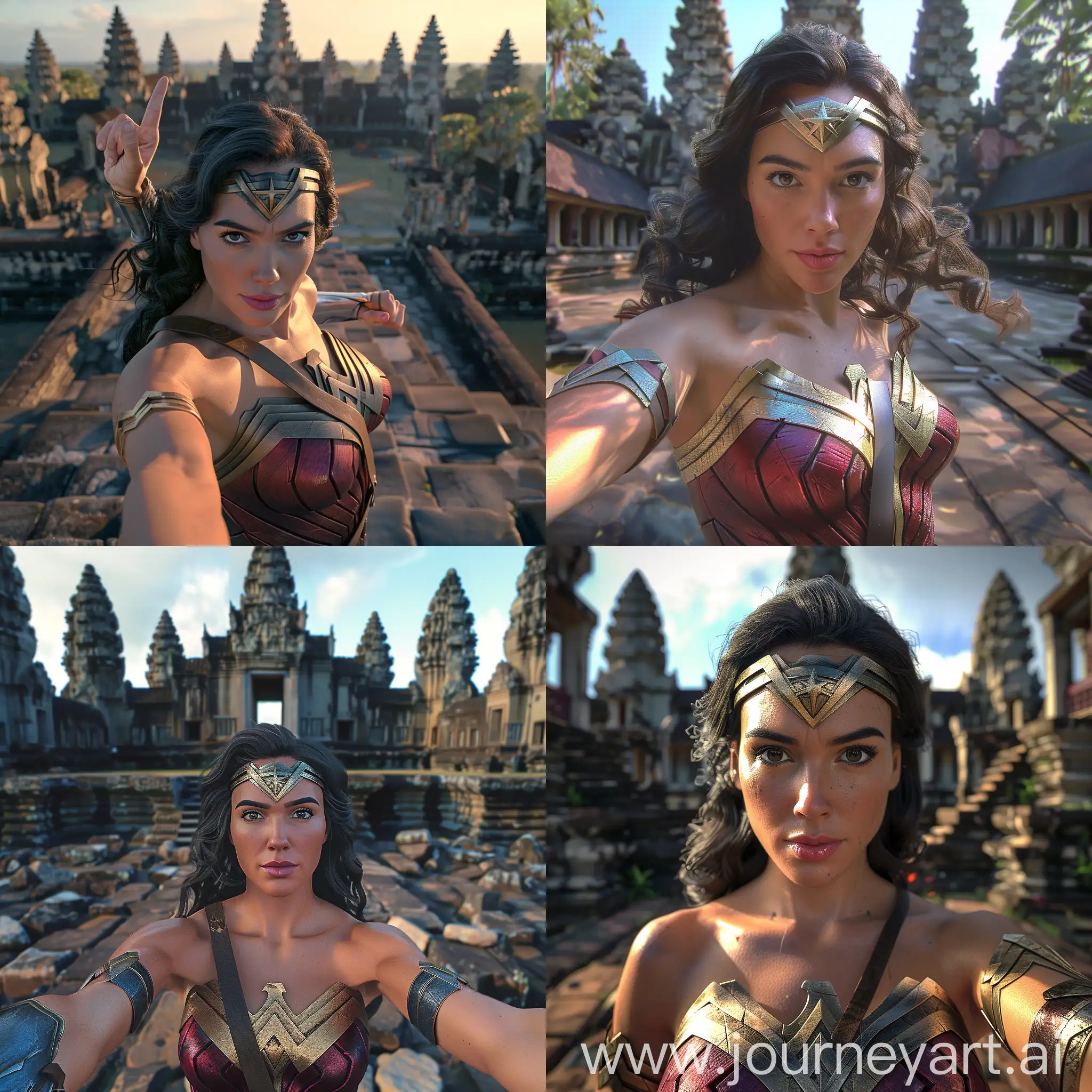 please make me a Selfie of a Wonder Woman, indonesian  temple background, natural lighting, film grain, low contrast, detailed, high res, 8K UHD, ultra wide shot.  Model : Realistic Vision CFG : 7 Step : 35 Sampler : Euler