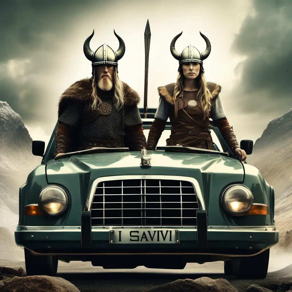 Two saviours arriving in a car, one male and one female. Both have viking helmets on