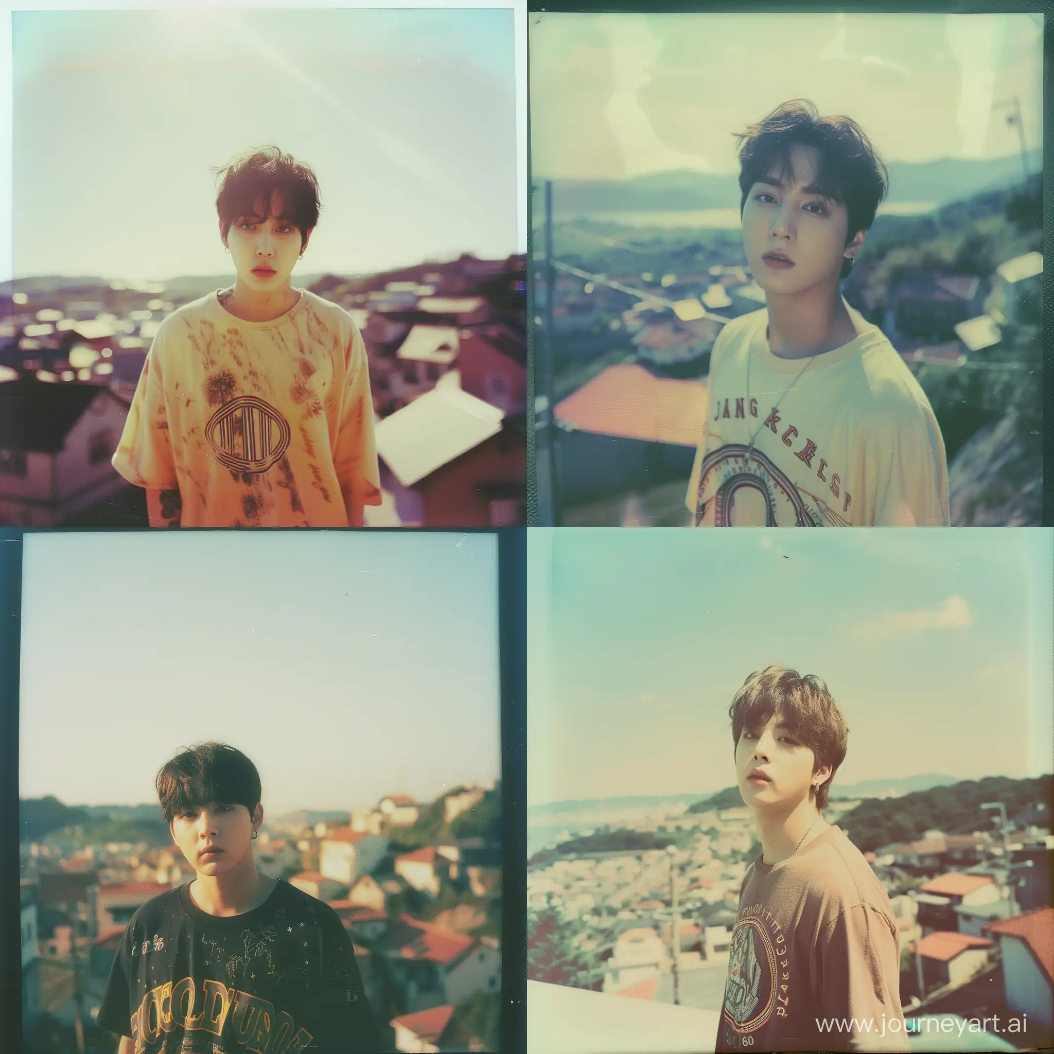 vintage polaroid/film photo of a jungkook wearing ringer tee shirt against little town at sunny day, polaroid 600 film, depth of field, soft and dreamy tones.