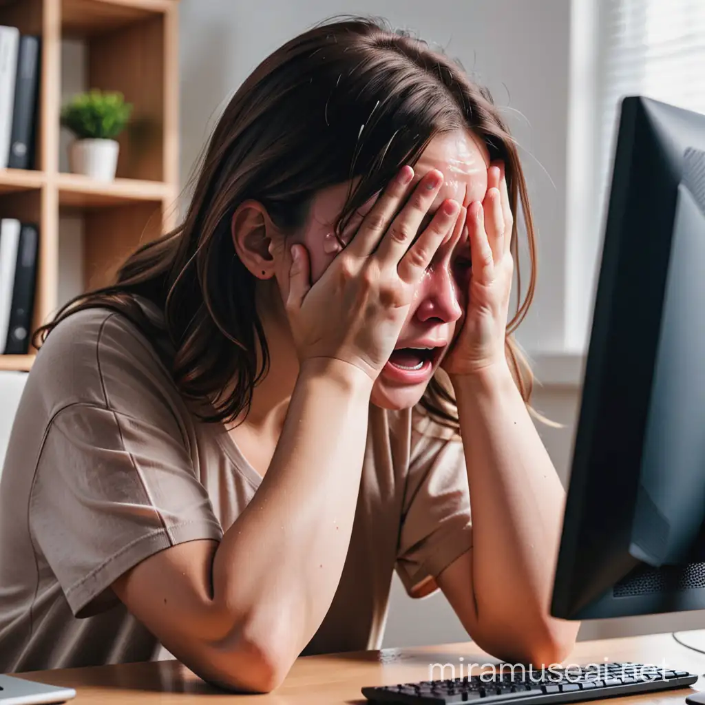 Emotional Person Crying at Computer Screen