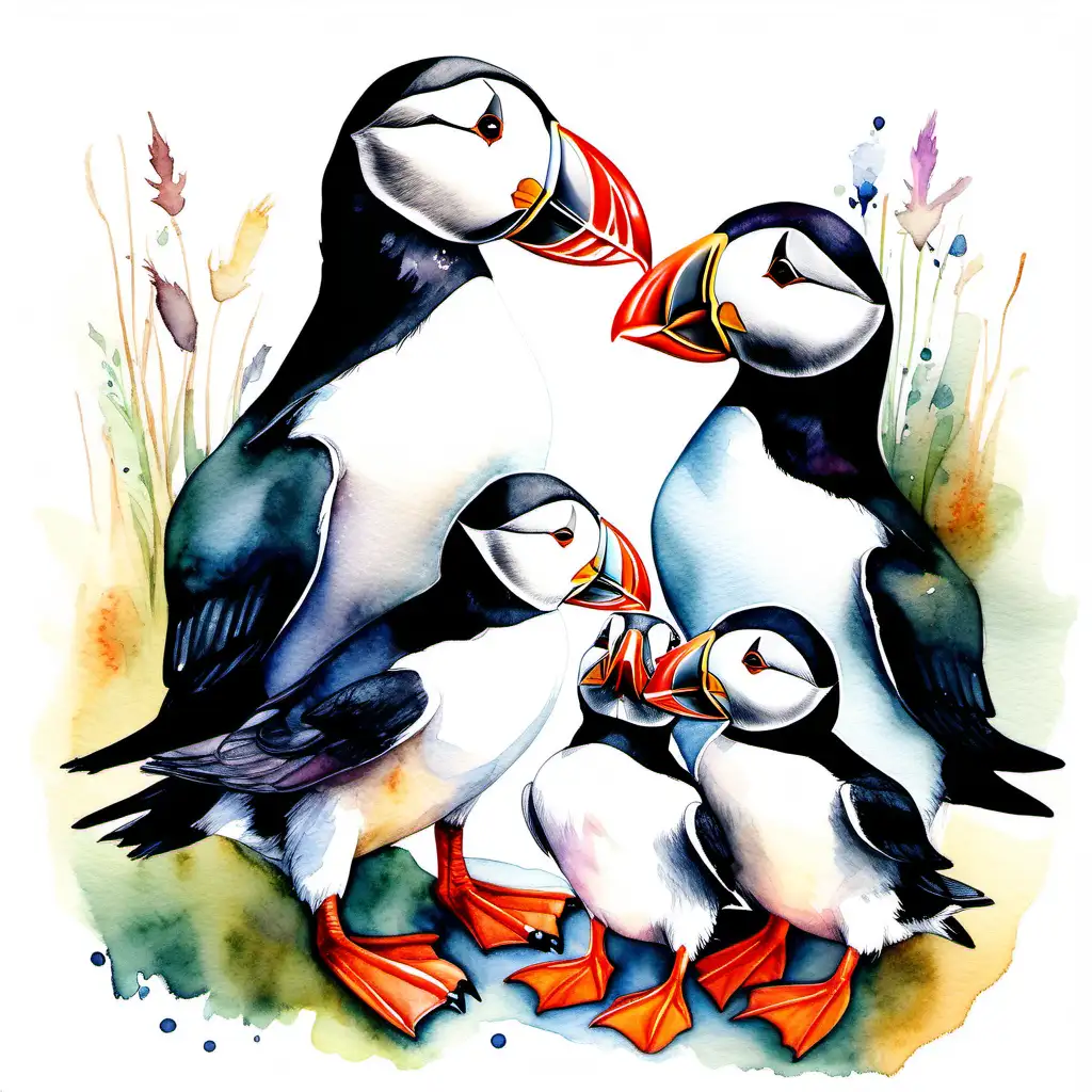 Magical Watercolor Painting of Puffin Babies with Mother on White Background