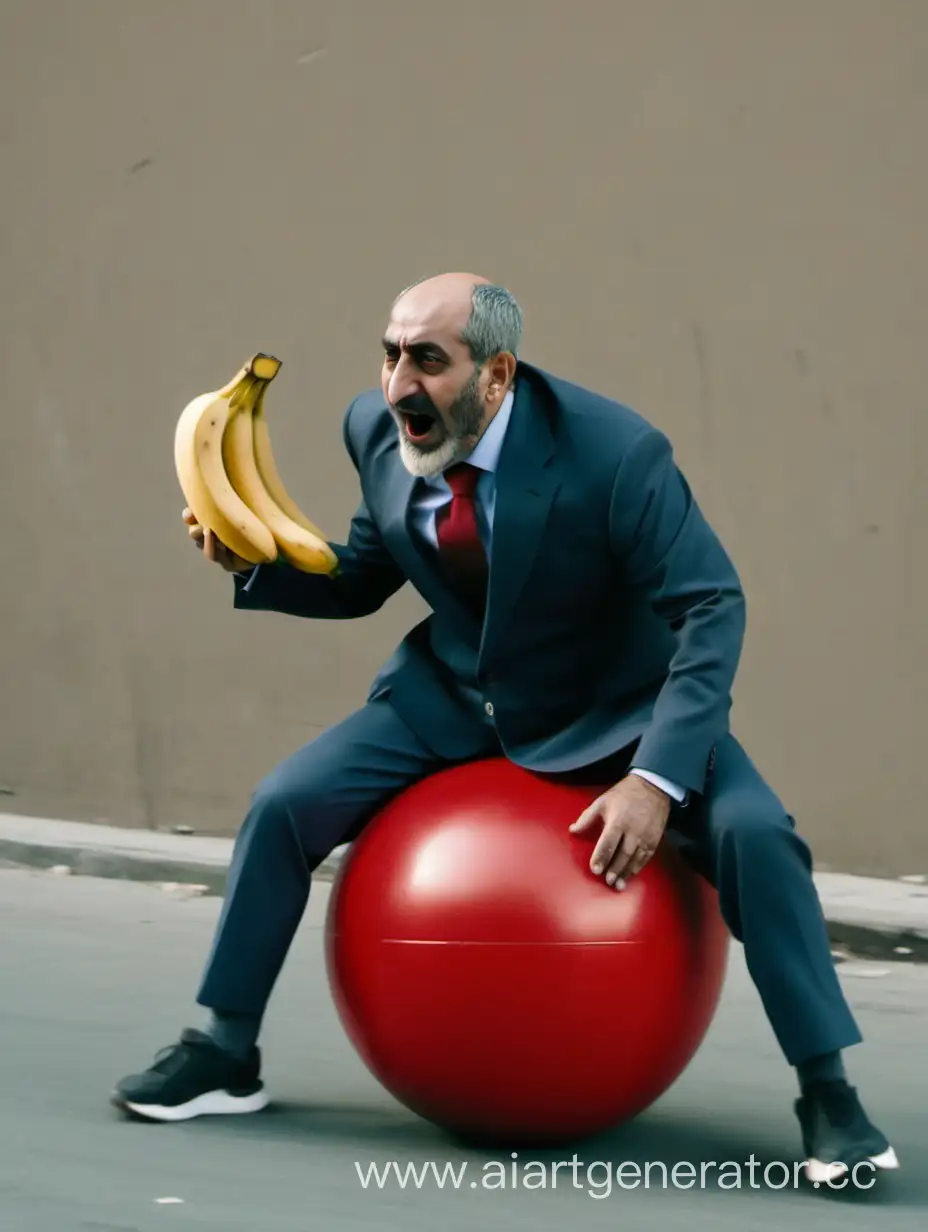 Мужчина армянин сидит на красном мяче и бежит за бананами