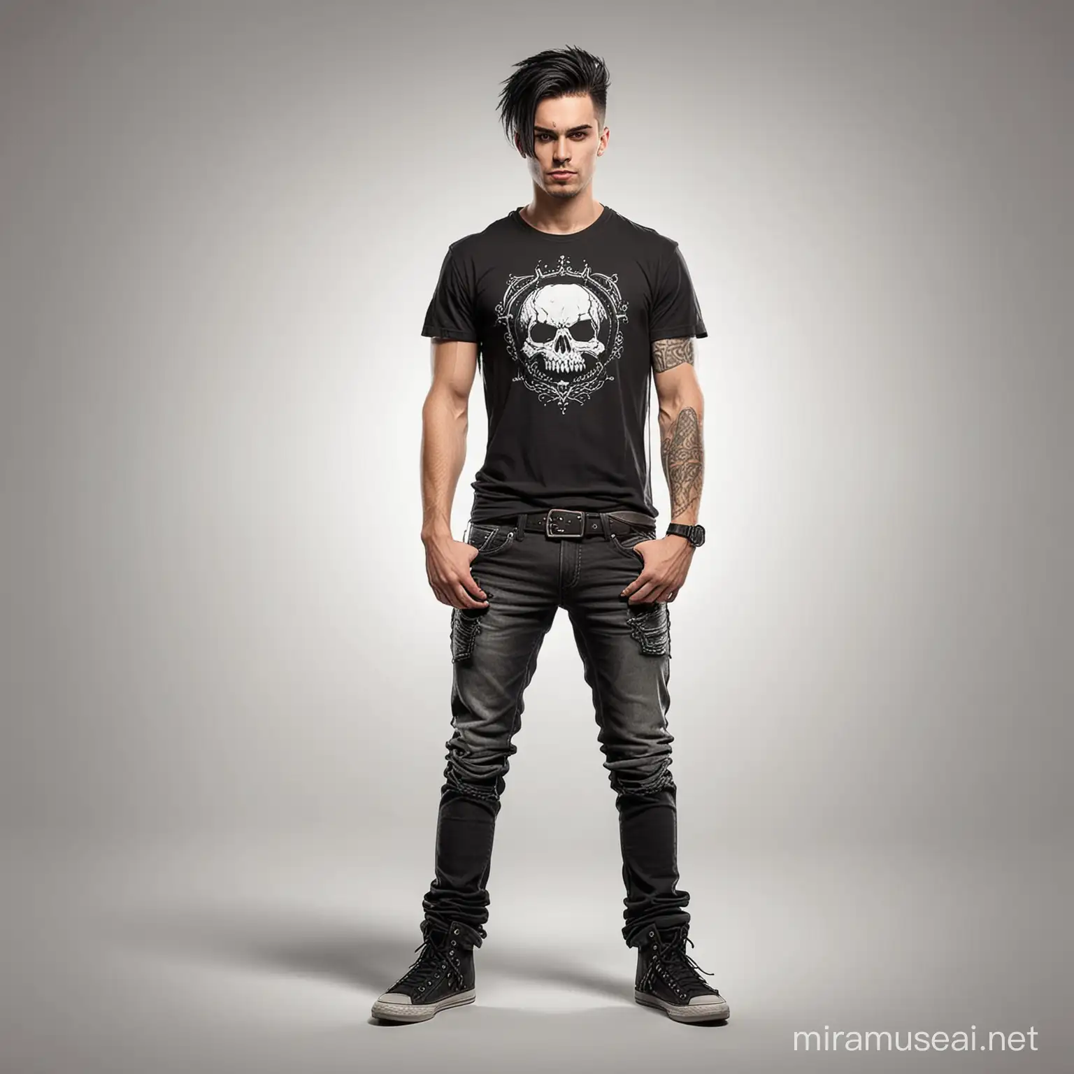 Gothic cartoon style man wearing black t-shirt and jeans white background