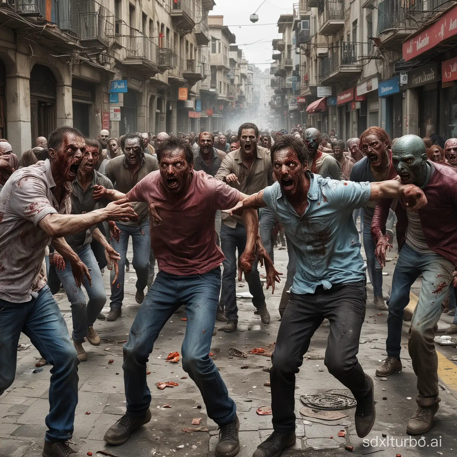 Draw a realistic and colorful picture of zombies attacking people in the streets of Istanbul.