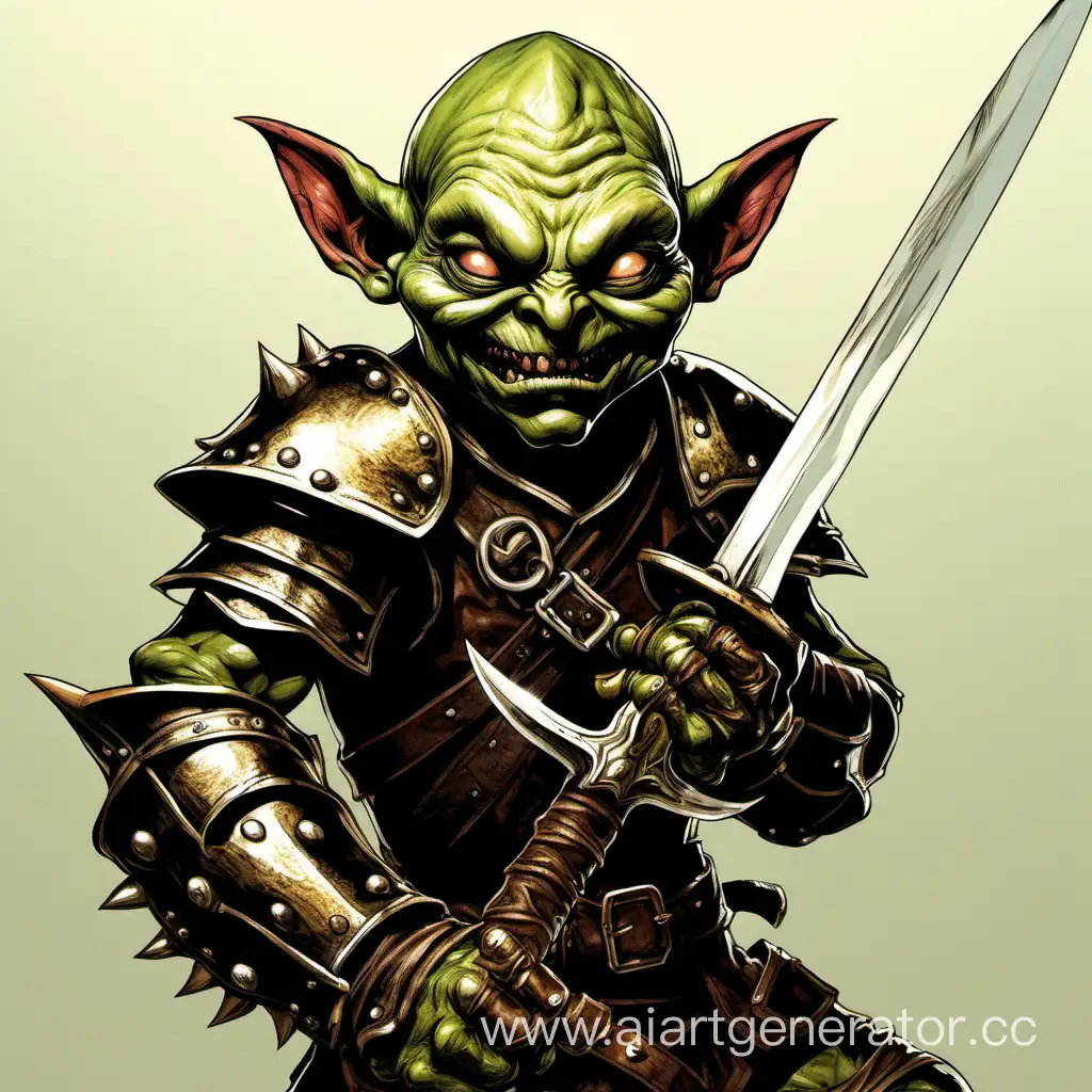 A goblin in light leather armor holds a scimitar with a threatening face shouting