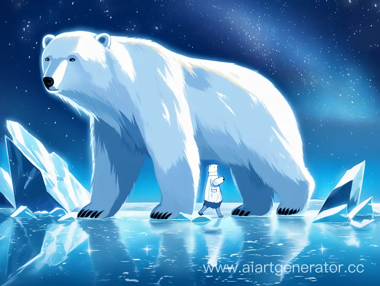белая медведица идет по айсбергам, звездное небо озаряет ее лик.