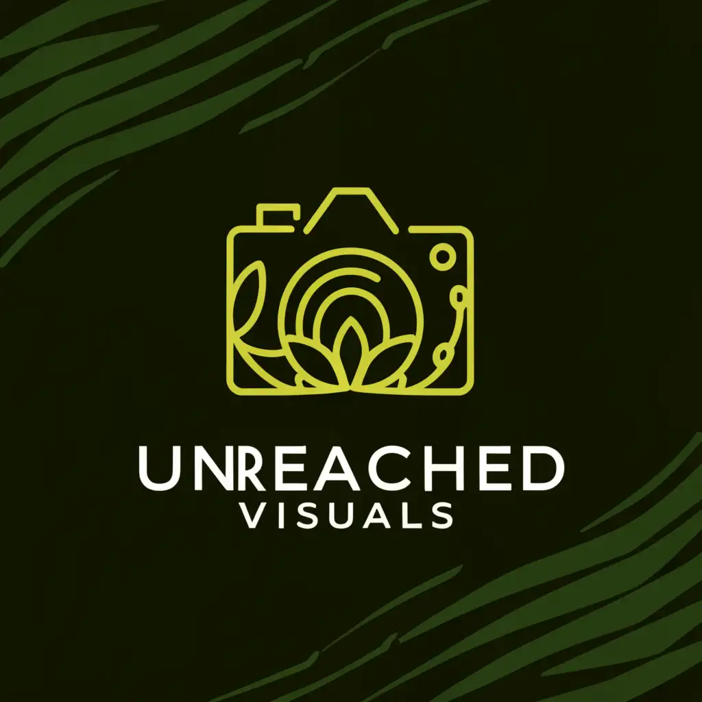 a logo design,with the text "Unreached Visuals", main symbol:Design a stylized and minimalist image showing a simplified jungle scene - including elements like a leaf, vine, or tree silhouette - inside the outline of a camera. The camera outline should be bold and simple, with the jungle elements detailed and intricate, evoking the rich biodiversity of the Amazon. Use vibrant greens against a dark background to highlight the jungle elements within the camera.,Minimalistic,be used in Travel industry,clear background