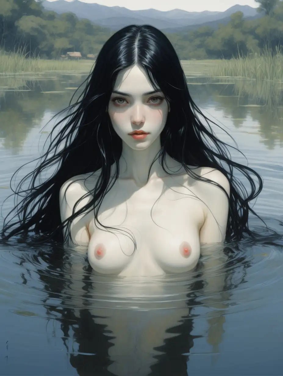 Chica,pelo negro largo , pálida, delgada, mira al espectador , tiene una mirada sensual , esta bañándose en un lago , estilo artístico de Miguel Ángel y Amano 