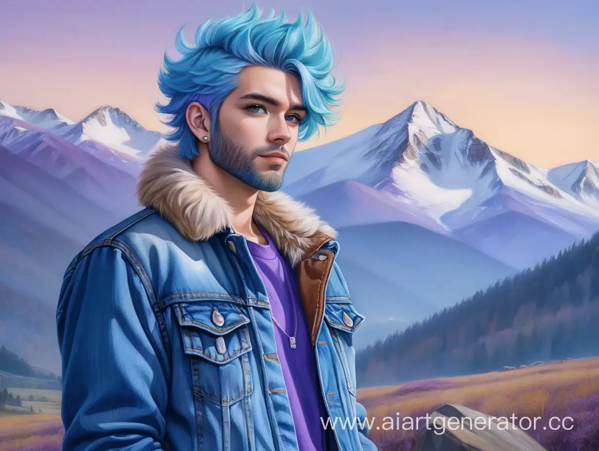 BlueHaired-Man-with-Stylish-Denim-Jacket-Against-Majestic-Mountain-Landscape
