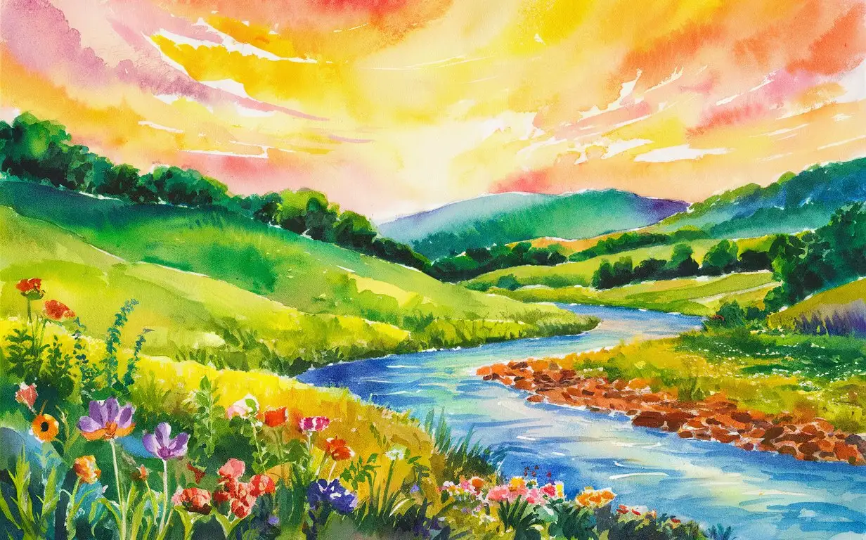 Vibrant Watercolor Landscape Tranquil Scenery with a Burst of Colors