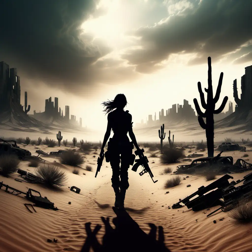 post apocalyptic desert with female silhouette waling towards us with guns in both hands