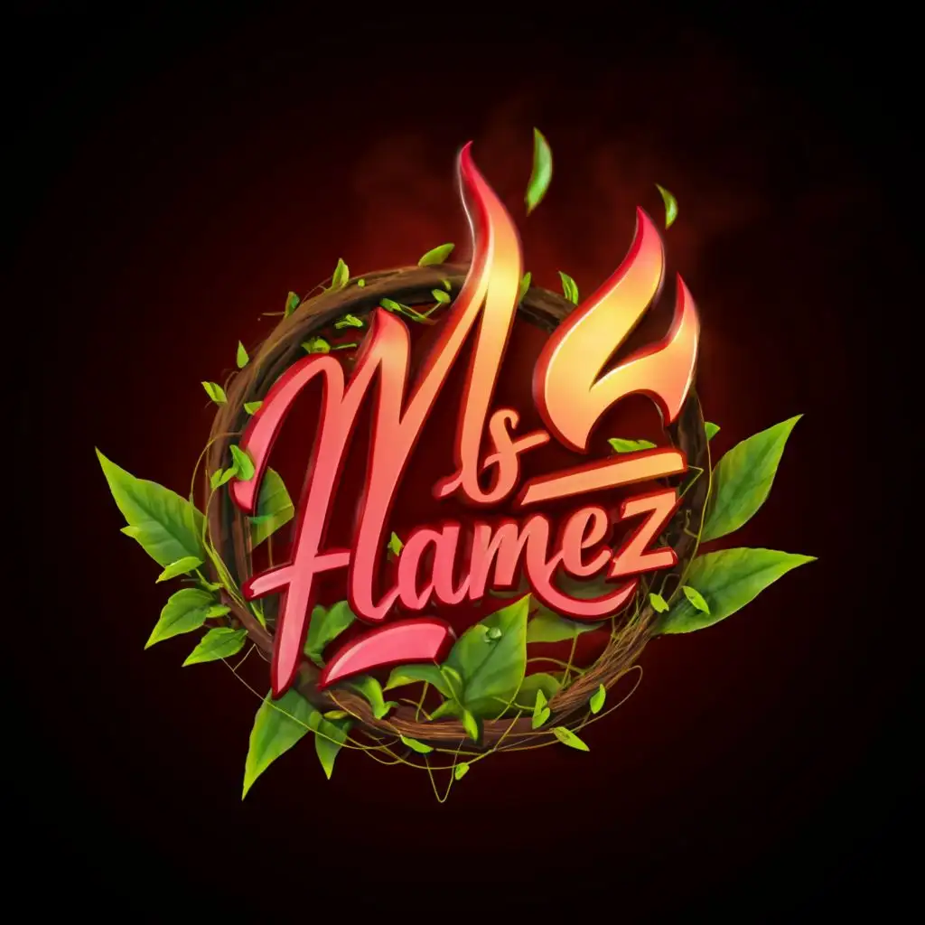 logo, fire, green plants, rose pink, 3d, with the text "MsFlamez", typography