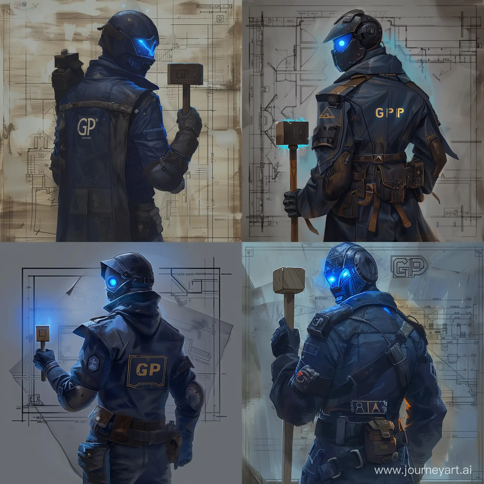 Mysterious-Figure-in-DarkBlue-Uniform-with-Glowing-Eyes-and-Blueprint