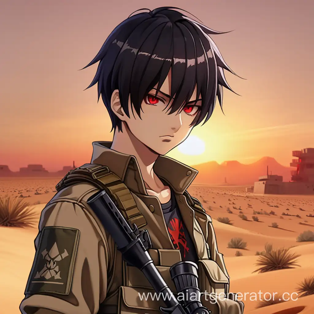 Short black hair, blood-red eyes, summer, 1boy, kevlar army clothes in desert colors, sunset, battlefield, serious expression, anime style