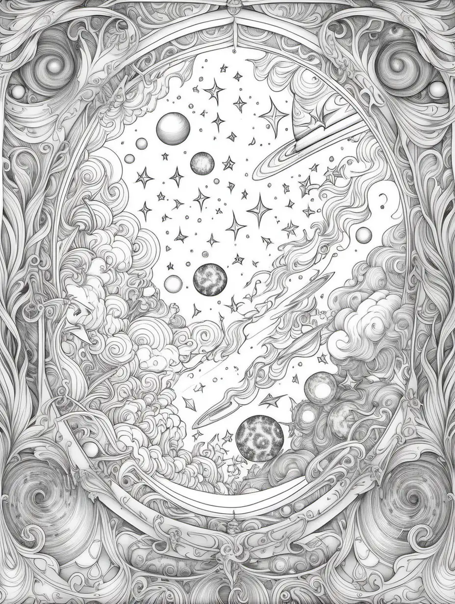 Starry Night Galaxy Dreams Coloring Book Page with Intricate Details