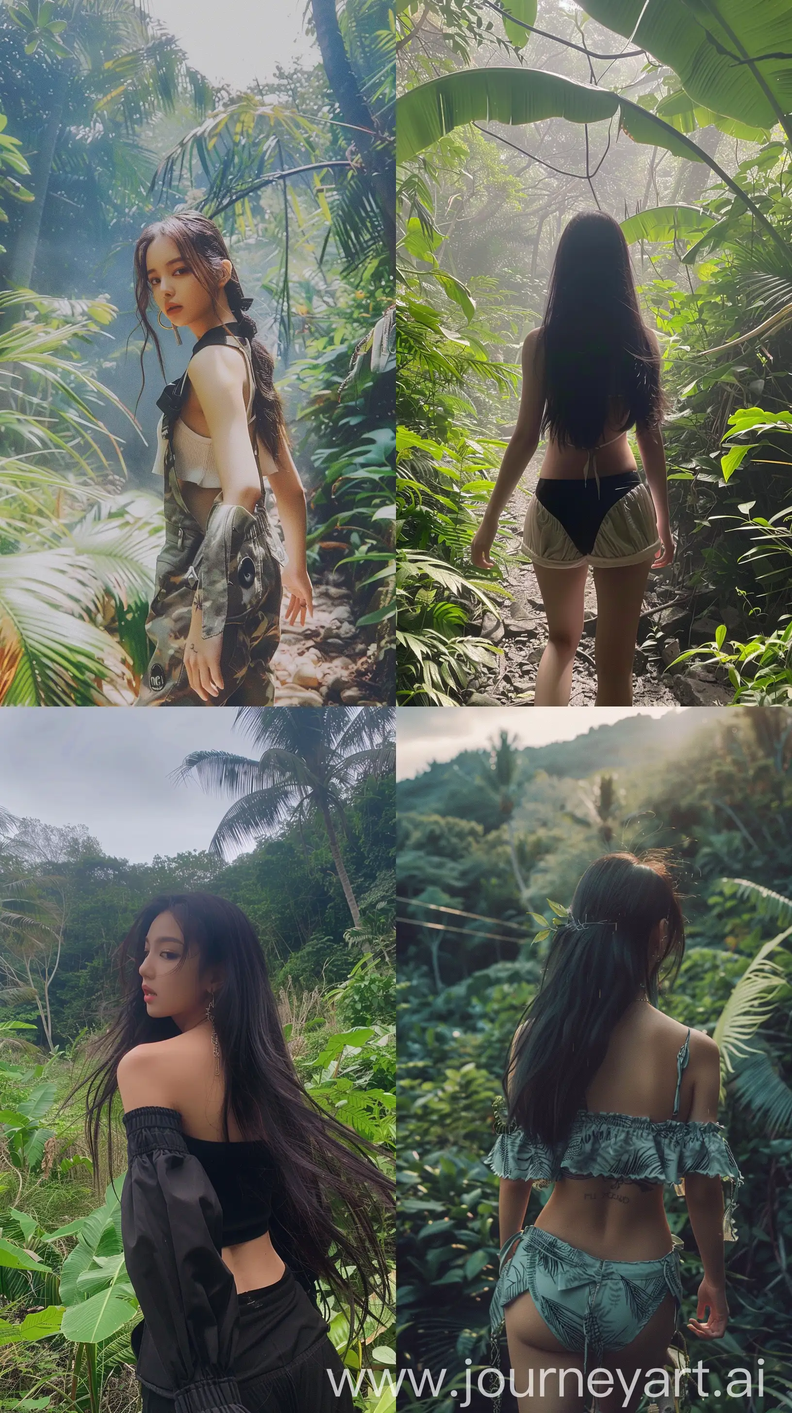 a blackpink's jennie, selfie,profile,back body walking on a jungle, --ar 9:16