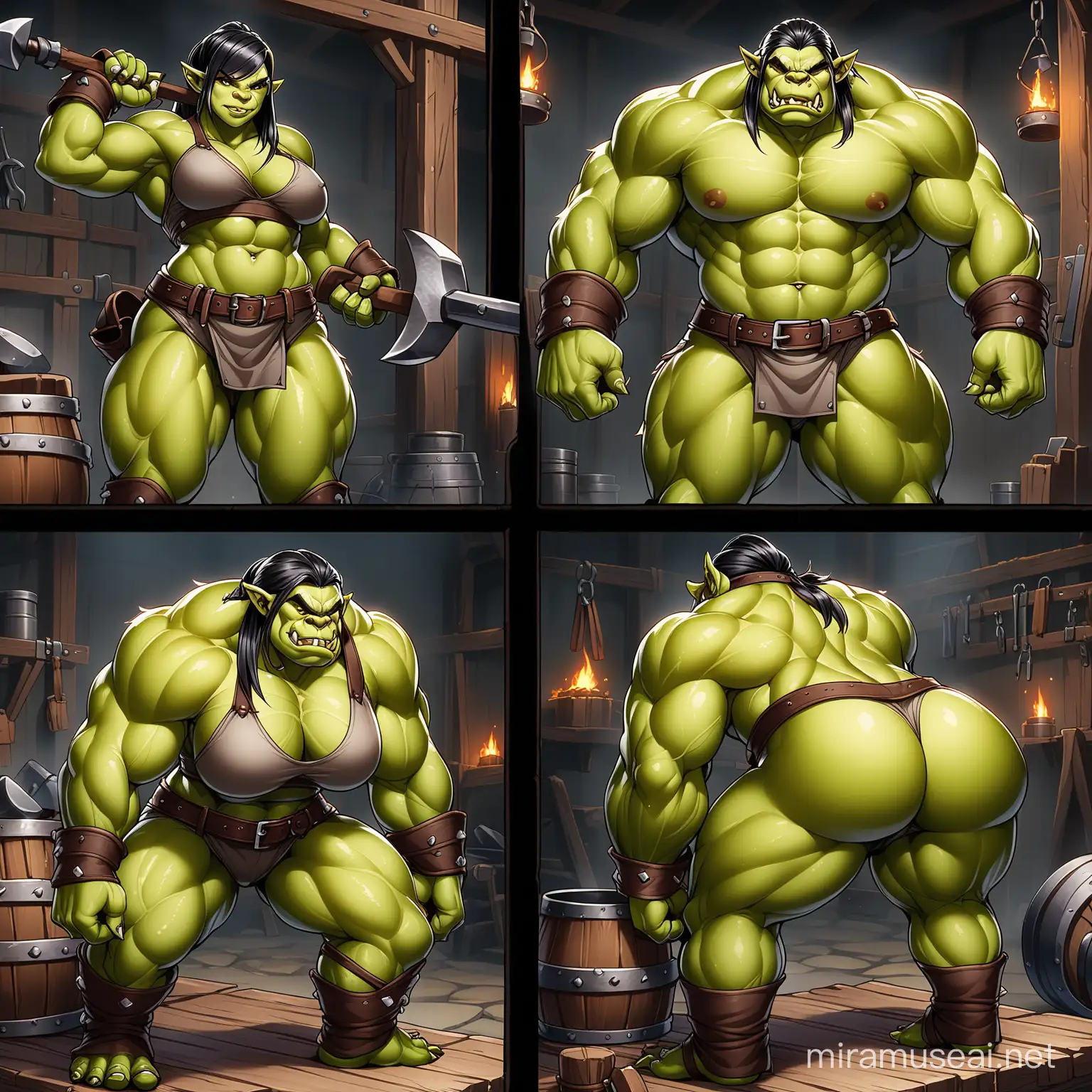 muscular female orc blacksmith with a massive ass in various poses, make sure all scenes depict the same character