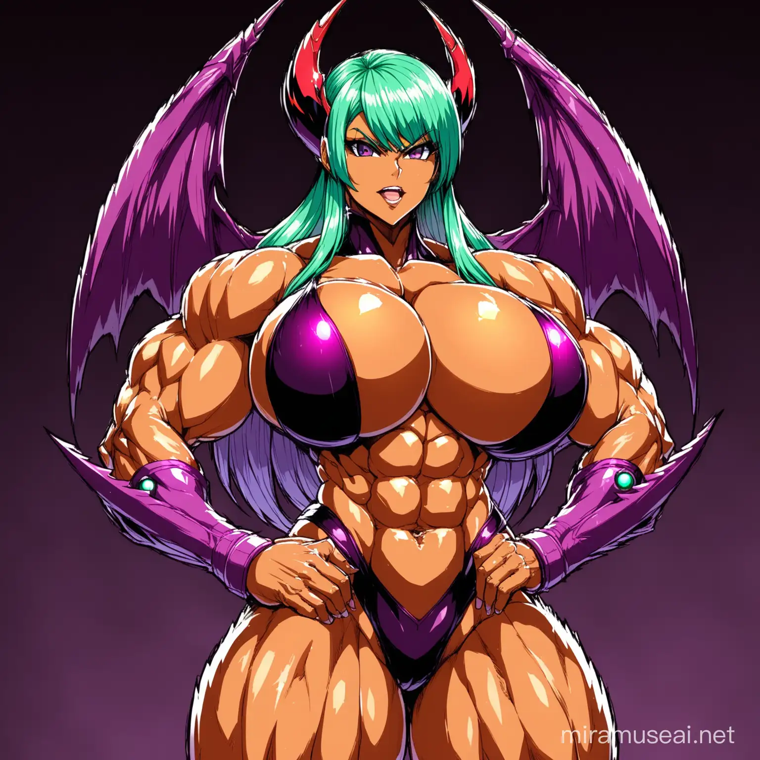Fusion of: (((Generalissimo Samus Aran from "Metroid" Empress Morrigan Aensland from "Darkstalkers"))), ((((amazingly hyper gigantic breasts)))),(((muscularly voluptuous body))),((((muscular abs,tanned-skin)))), by artist "Sui Ishida",