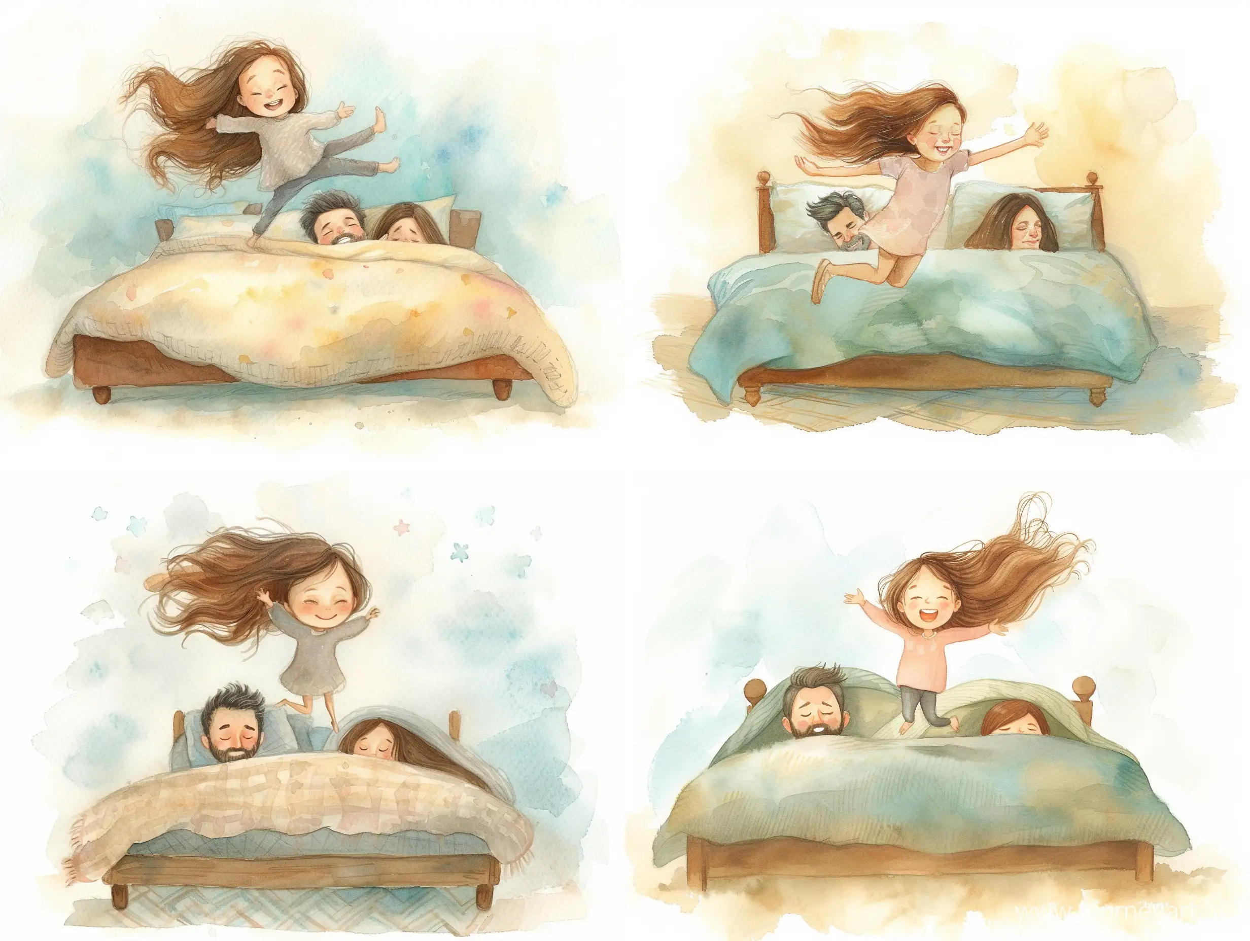 Whimsical-Watercolor-Illustration-Playful-Family-Moments-on-a-Cozy-Bed