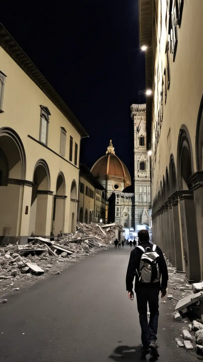 Florence (Italy) by night. The town was destroyed by bombing. Only a man, with a backpack, walks alone between the ruins.