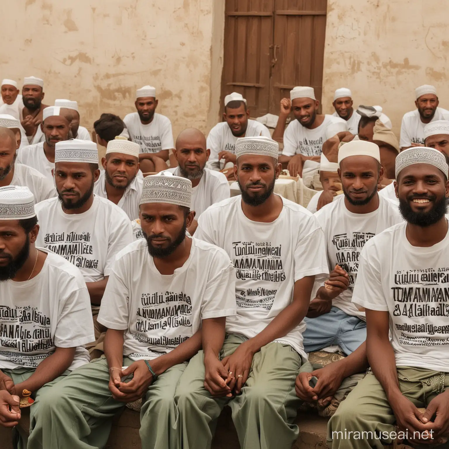A man next to few Islam people, all wearing Islamic attire, one of them is wearing a t-shirt written TUMANA Nikuletee seated, and eating. The tshirts must be written TUMANA Nikuletee, they must be Africans